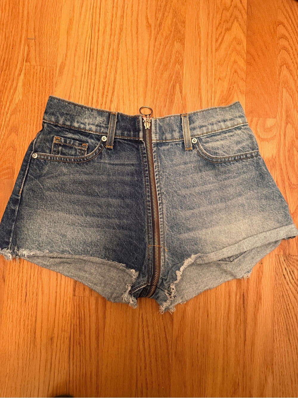 REVICE Distressed High-Rise Denim Shorts in Light Blue